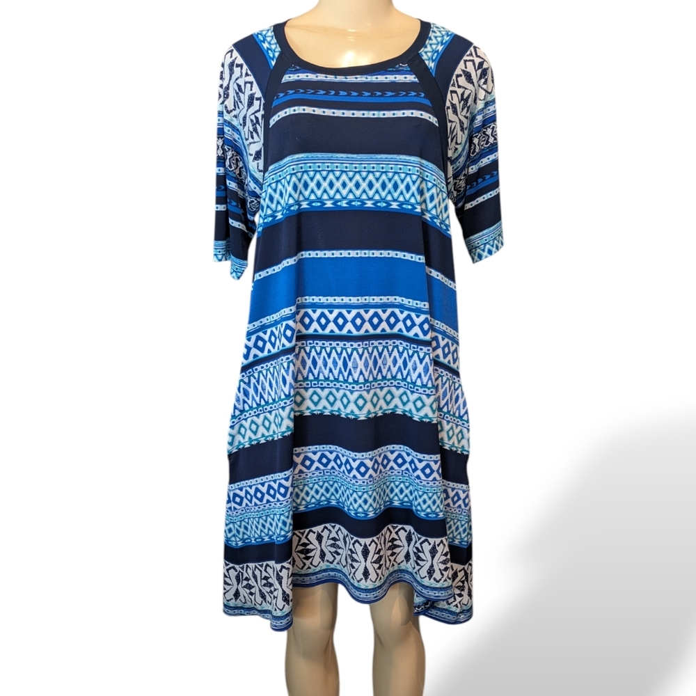 Rabbit Rabbit Rabbit Designs Short Sleeve Blue Print Dress Women's 12 Vintage